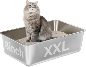 Stainless Steel Cat Litter Box,XXL Metal Litter Box for Big Cats 8IN Deep, Metal Pet Toilet Easy to Clean,High Sided Litter Boxes-Cat Litter Pan for Adult Cats,Non Stick, No Smell