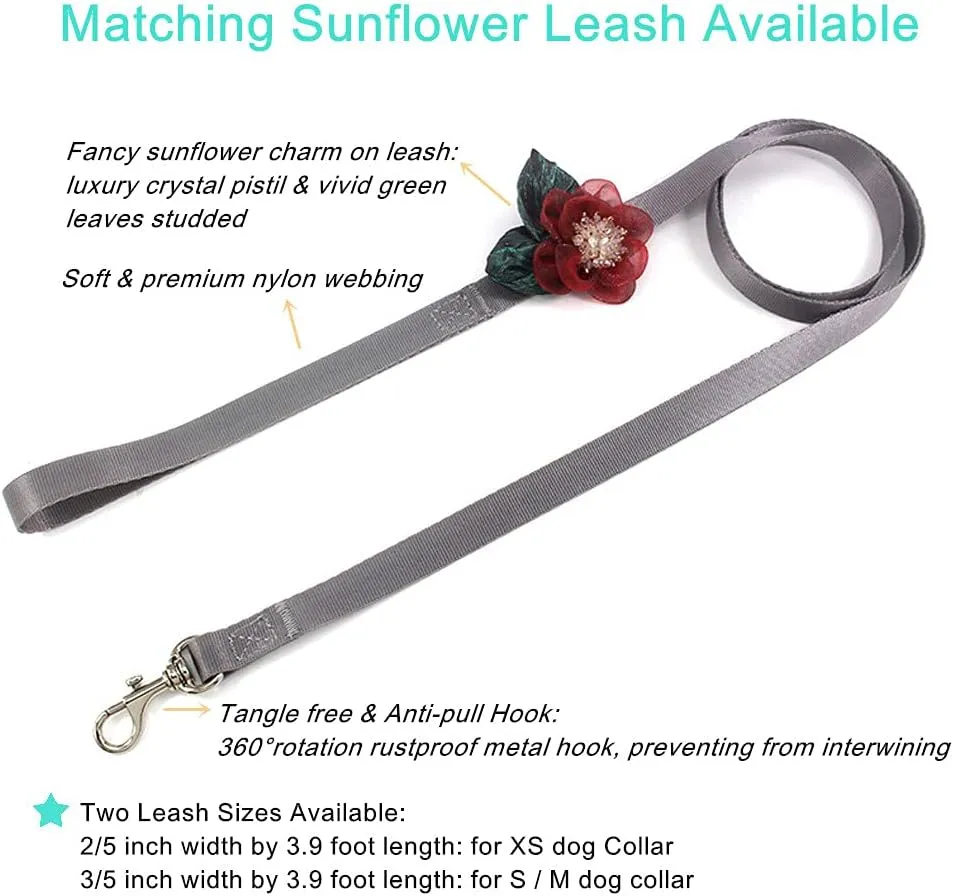 Sunflower Girl Dog Collar - Detachable Flower Cat Collar for Girl Cats with Fancy Crystal Pistil Green Leaf Bell - Soft Nylon Collar for Female Small Dogs (Red Collar and Leash, Size XS)