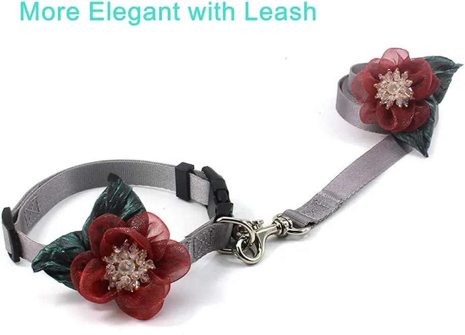 Sunflower Girl Dog Collar - Detachable Flower Cat Collar for Girl Cats with Fancy Crystal Pistil Green Leaf Bell - Soft Nylon Collar for Female Small Dogs (Red Collar and Leash, Size XS)