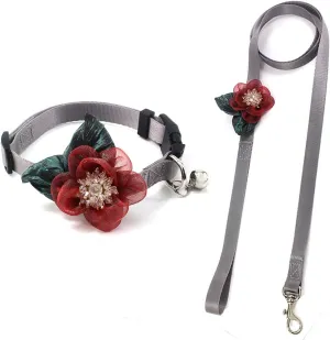 Sunflower Girl Dog Collar - Detachable Flower Cat Collar for Girl Cats with Fancy Crystal Pistil Green Leaf Bell - Soft Nylon Collar for Female Small Dogs (Red Collar and Leash, Size XS)