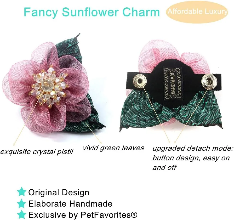 Sunflower Girl Dog Collar - Detachable Flower Cat Collar for Girl Cats with Fancy Crystal Pistil Green Leaf Bell - Soft Nylon Collar for Female Small Dogs (Red Collar and Leash, Size XS)
