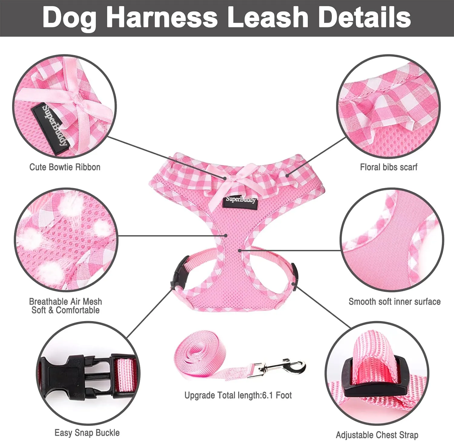 SuperBuddy Upgraded Soft Mesh Dog Harness, Super Breathable Lightweight Pet Harnesses for Puppy Dogs Outdoor Walking, Pink Dog Harness and Dog Leash Set Packing -Medium
