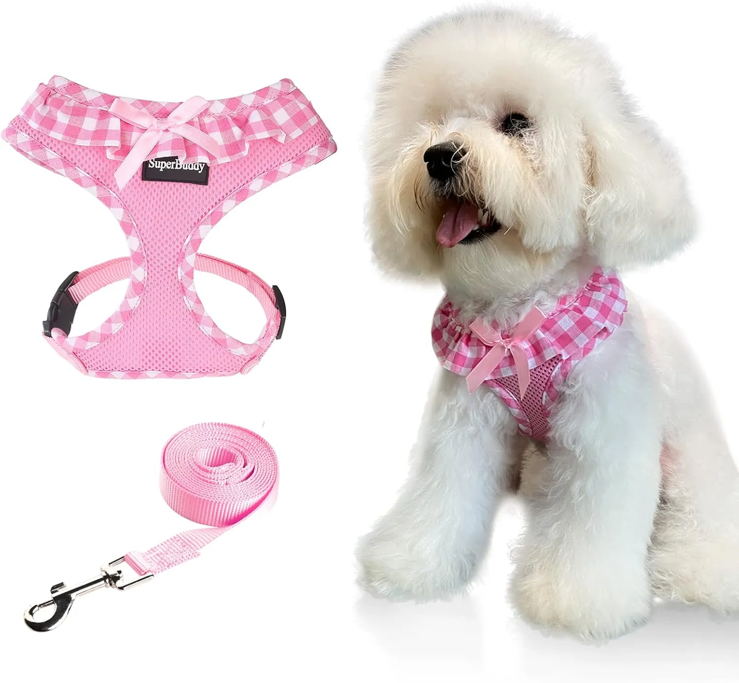 SuperBuddy Upgraded Soft Mesh Dog Harness, Super Breathable Lightweight Pet Harnesses for Puppy Dogs Outdoor Walking, Pink Dog Harness and Dog Leash Set Packing -Medium
