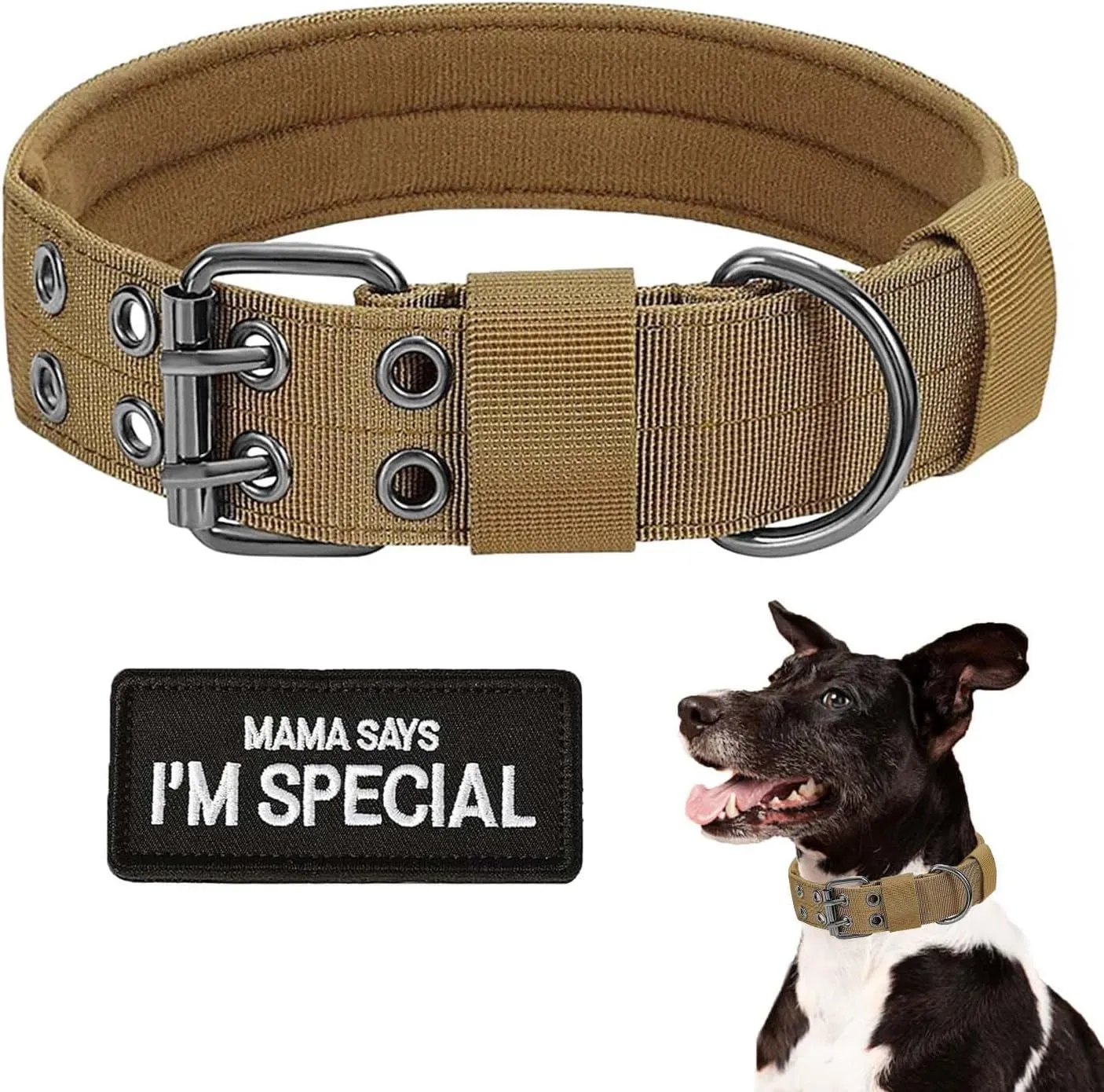Tactical Dog Collar Military Dog Collar Adjustable Training Nylon Collar Heavy Duty Metal Buckle with Black Patch,Tactical Collars for Medium Large Dogs (Brown, X-Large)