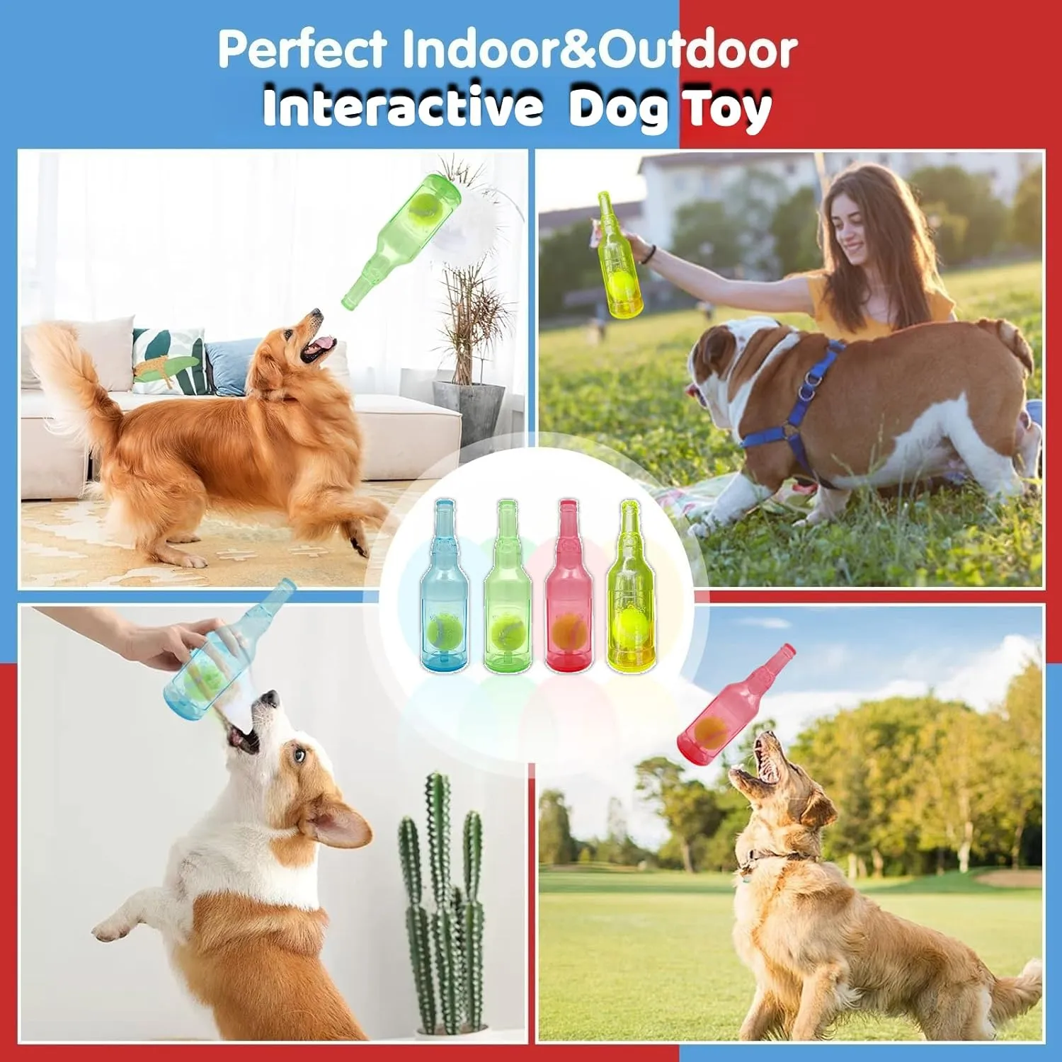 Tennis Ball in Bottle Dog Toy [2025 New Upgrade] Reinforced and Thickened Rubber Bottle Dog Chew Toy with Ball Squeaky Fetch Toy Tough (Blue, Medium)