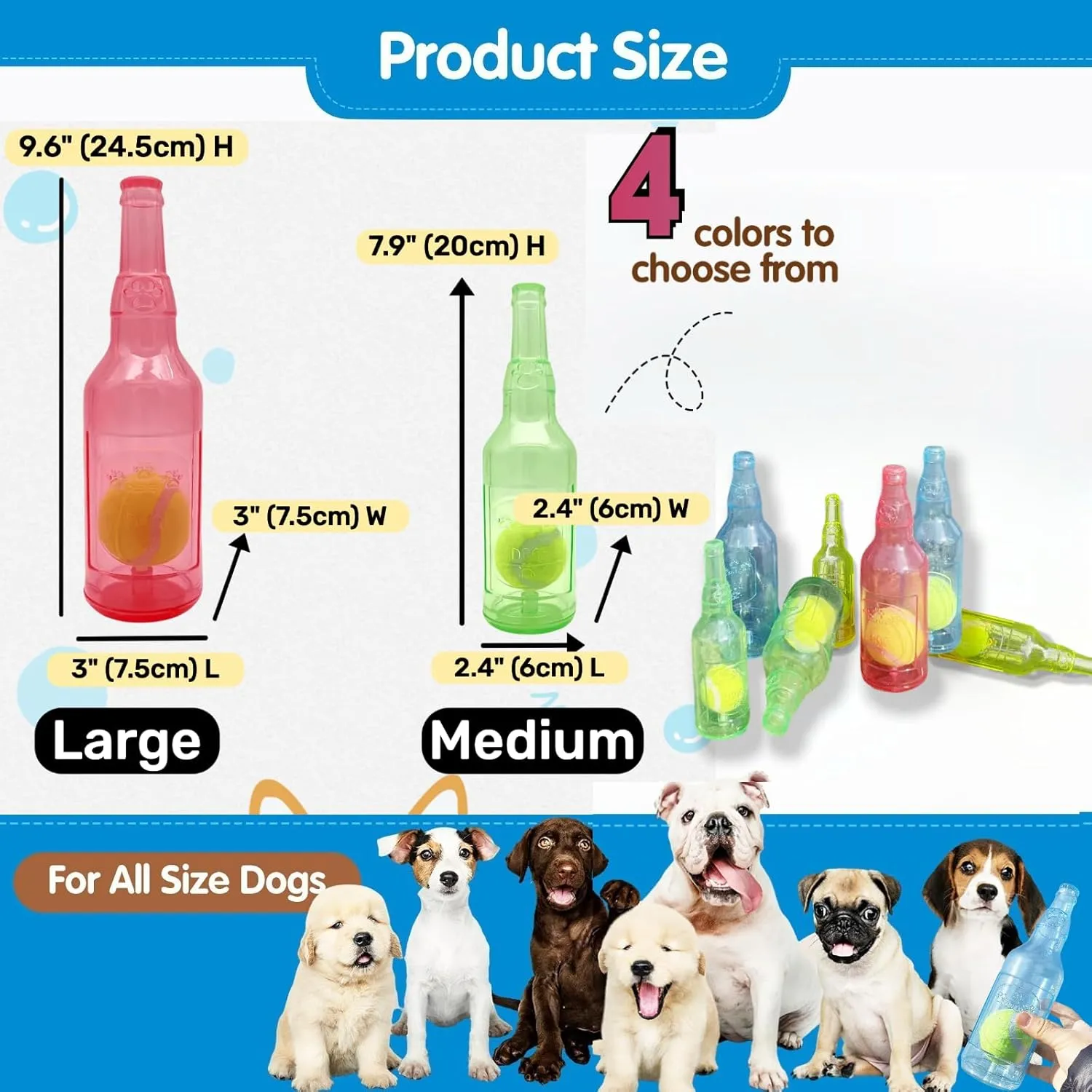 Tennis Ball in Bottle Dog Toy [2025 New Upgrade] Reinforced and Thickened Rubber Bottle Dog Chew Toy with Ball Squeaky Fetch Toy Tough (Blue, Medium)