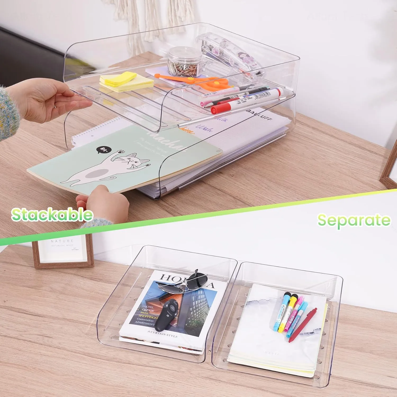 Tomorotec Desk Letter Tray Set, A4 Size Clear PET Stackable Document Organizer Office Desktop File Paper Holder Book Storage Rack Side Load Anti-Skid Stacking Support Convex Bottom (2X Portrait)