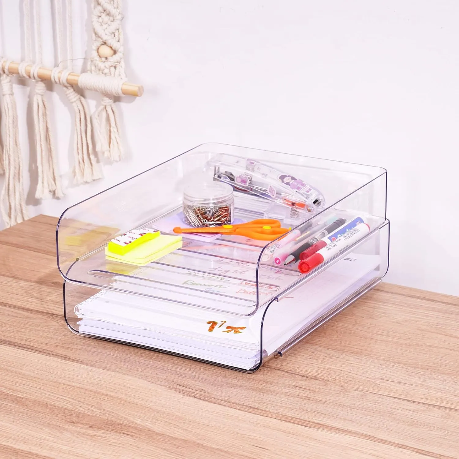 Tomorotec Desk Letter Tray Set, A4 Size Clear PET Stackable Document Organizer Office Desktop File Paper Holder Book Storage Rack Side Load Anti-Skid Stacking Support Convex Bottom (2X Portrait)