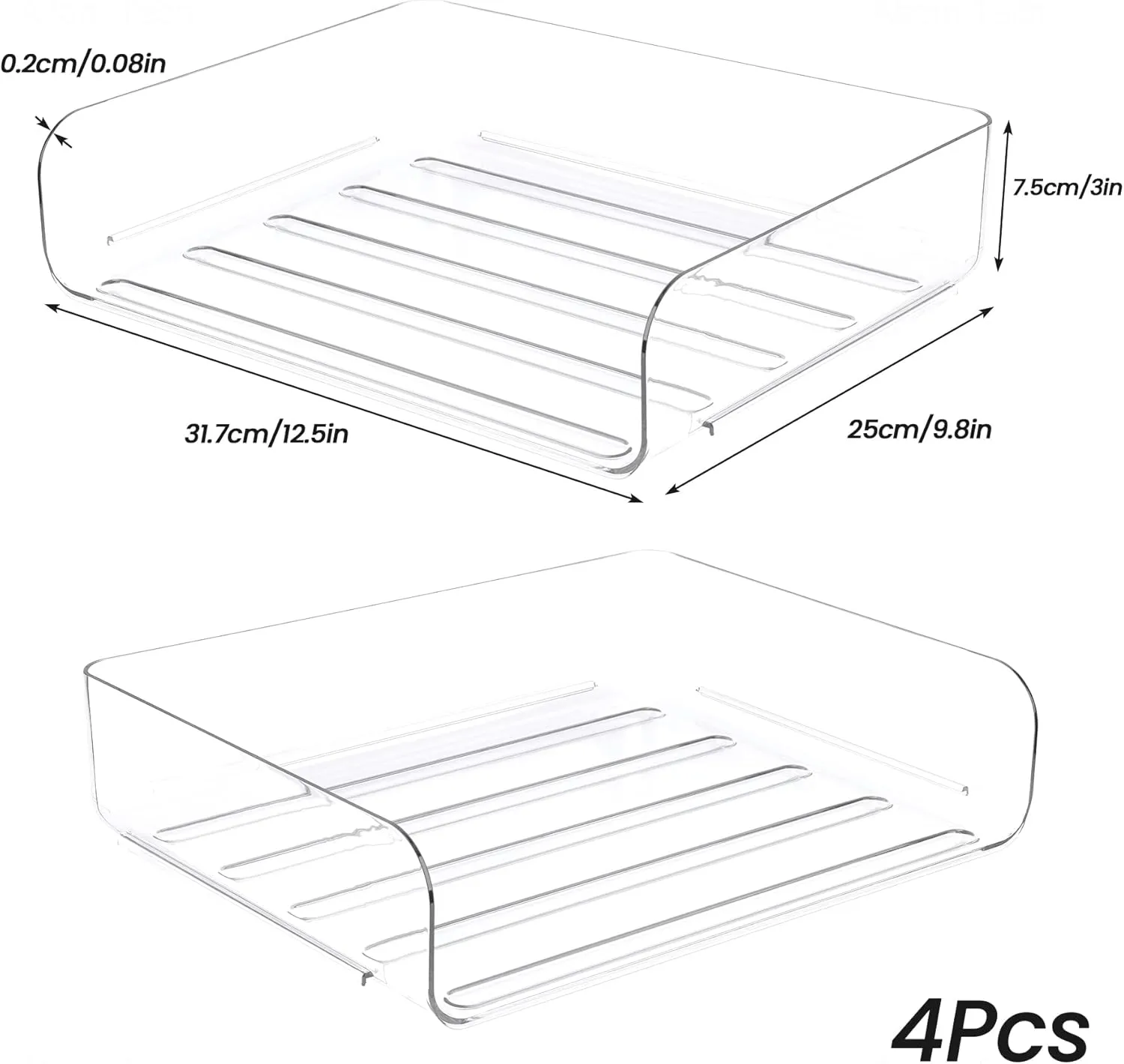 Tomorotec Desk Letter Tray Set, A4 Size Clear PET Stackable Document Organizer Office Desktop File Paper Holder Book Storage Rack Side Load Anti-Skid Stacking Support Convex Bottom (4X Landscape)