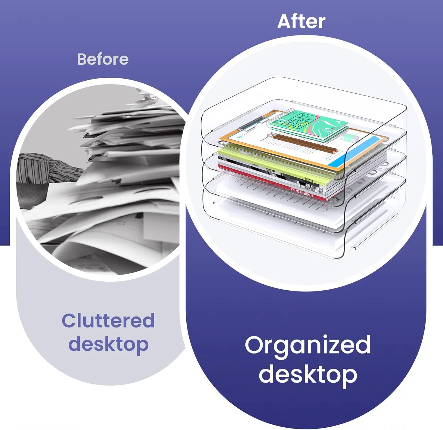 Tomorotec Desk Letter Tray Set, A4 Size Clear PET Stackable Document Organizer Office Desktop File Paper Holder Book Storage Rack Side Load Anti-Skid Stacking Support Convex Bottom (4X Landscape)