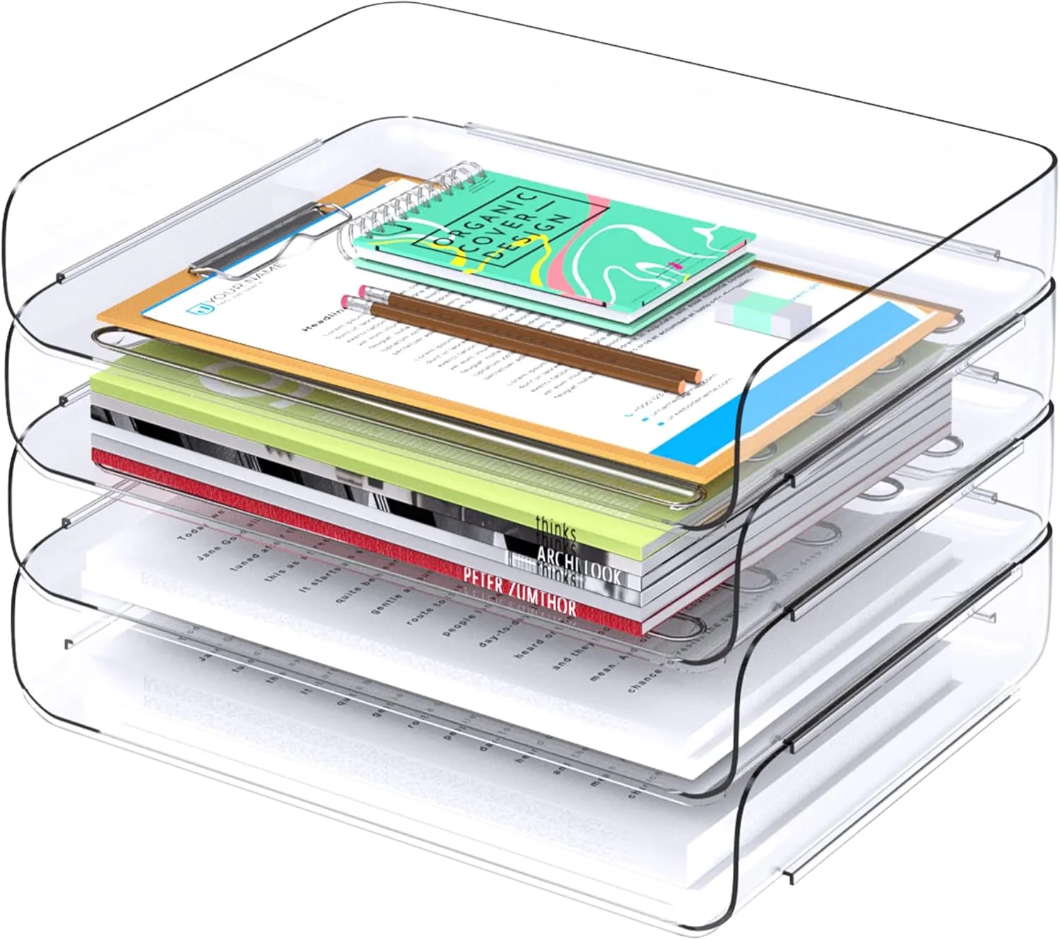 Tomorotec Desk Letter Tray Set, A4 Size Clear PET Stackable Document Organizer Office Desktop File Paper Holder Book Storage Rack Side Load Anti-Skid Stacking Support Convex Bottom (4X Landscape)