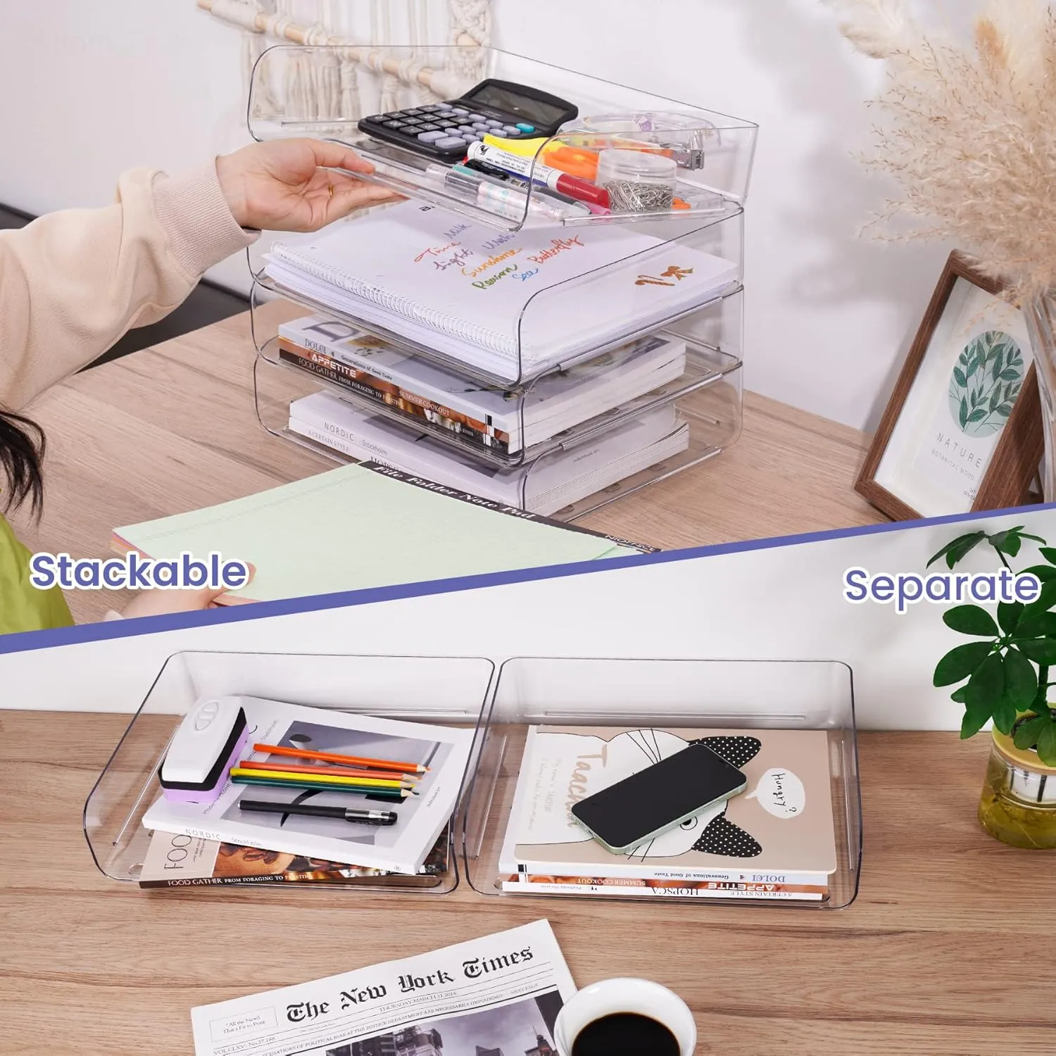 Tomorotec Desk Letter Tray Set, A4 Size Clear PET Stackable Document Organizer Office Desktop File Paper Holder Book Storage Rack Side Load Anti-Skid Stacking Support Convex Bottom (4X Landscape)