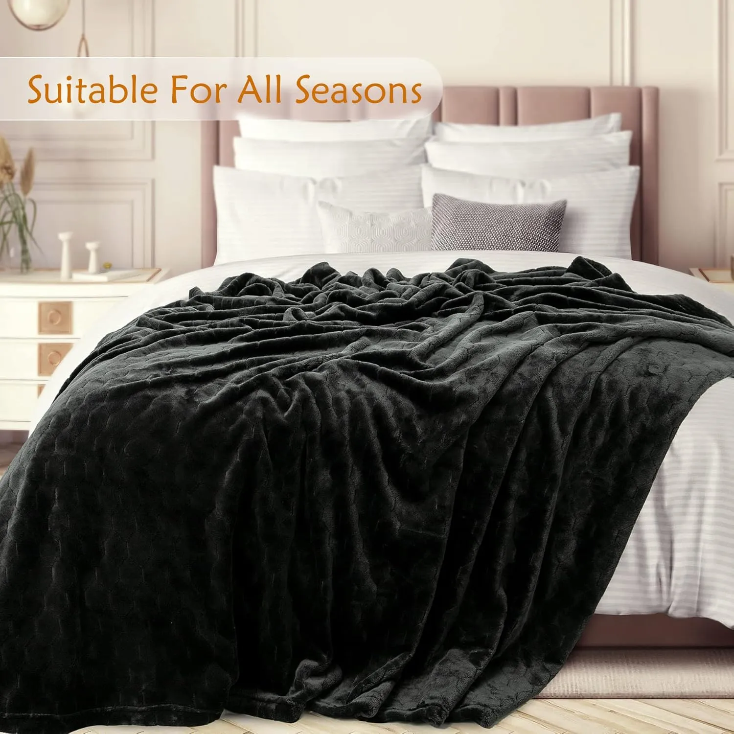 TOONOW Fleece Bed Blanket Queen Size 90x90 inches, Super Soft Fluffy Fuzzy Plush Blanket Geometric Pattern Cozy Microfiber Flannel Blankets for Couch, Bed, Sofa, Black