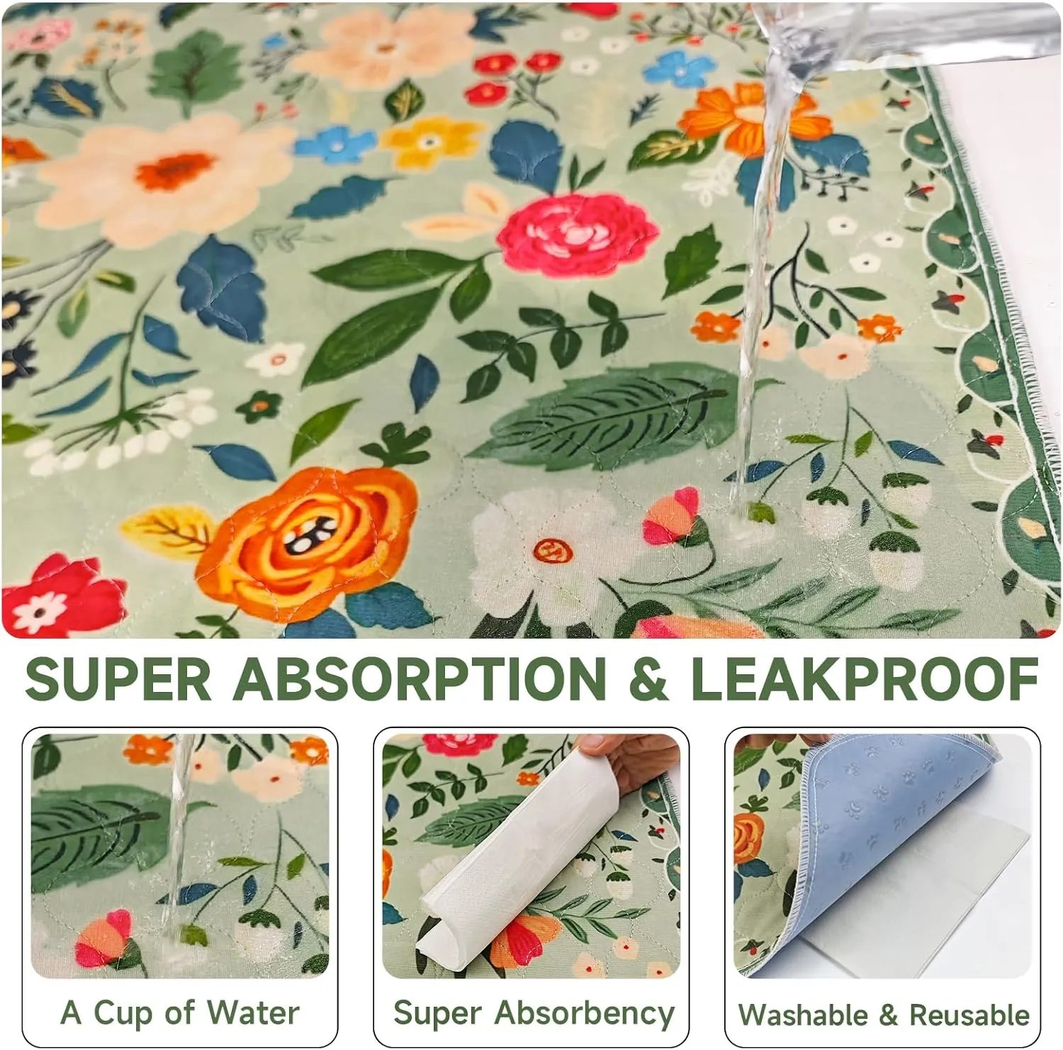 Washable Pee Pads for Dogs, 2 Pack Reusable Puppy Pads 40"x26" Super Absorbent Quick Dry Dog Training Pads, Waterproof & Non-Slip Whelping Pads for Crate,Floor,Sofa (Green Garden, 40"x26"(Pack of 2))