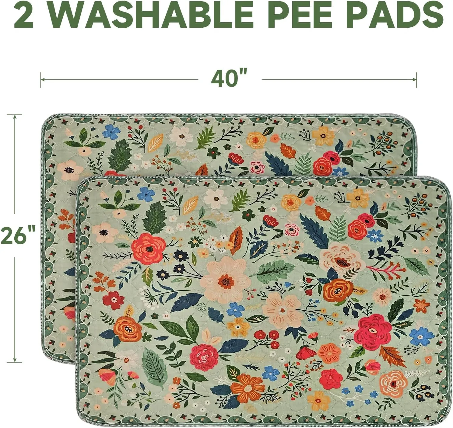Washable Pee Pads for Dogs, 2 Pack Reusable Puppy Pads 40"x26" Super Absorbent Quick Dry Dog Training Pads, Waterproof & Non-Slip Whelping Pads for Crate,Floor,Sofa (Green Garden, 40"x26"(Pack of 2))