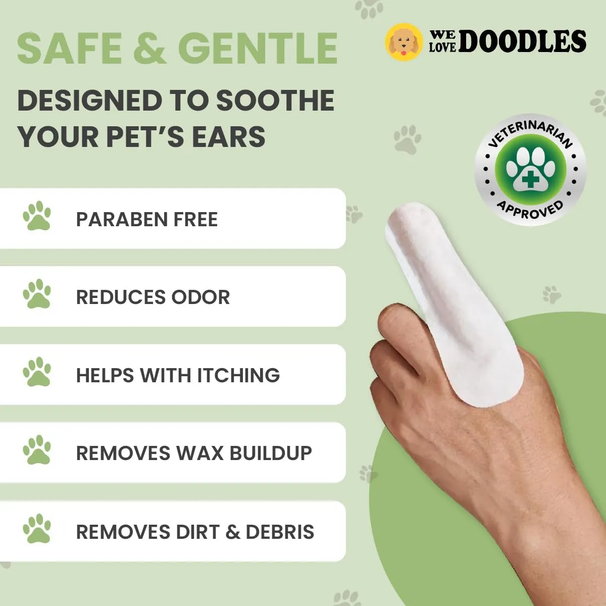 We Love Doodles Dog Ear Wipes - Pre Soaked Finger Ear Wipes for Dogs, Safe & Gentle Ear Cleaner for Dogs, Cleans & Deodorizes, Pet Wipes for Dogs, Dog Cleaning Wipes for Easy Grooming, 100 pcs