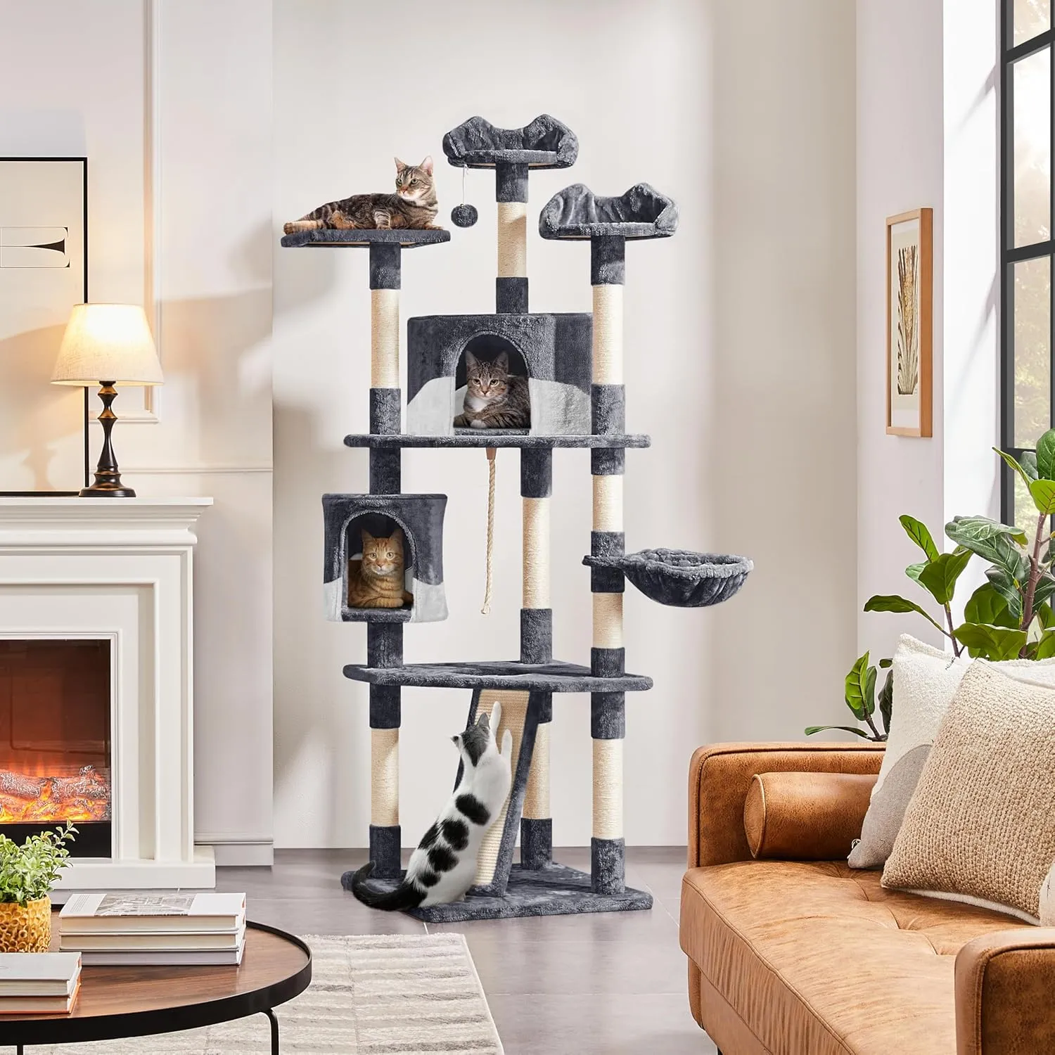 Yaheetech 79in Multi-Level Cat Trees Indoor Cat Tower with Sisal-Covered Scratching Posts, Plush Perches and Condo for Kittens, Cats and Pets - Dark Gray and White